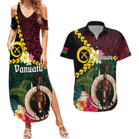 Vanuatu Indipendens Dei Couples Matching Summer Maxi Dress and Hawaiian Shirt Boars Tusk and Melanesian Warrior Hibiscus LT03 Black - Polynesian Pride