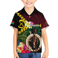 Vanuatu Indipendens Dei Family Matching Off The Shoulder Long Sleeve Dress and Hawaiian Shirt Boars Tusk and Melanesian Warrior Hibiscus LT03 Son's Shirt Black - Polynesian Pride