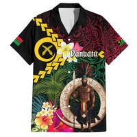 Vanuatu Indipendens Dei Family Matching Puletasi and Hawaiian Shirt Boars Tusk and Melanesian Warrior Hibiscus LT03 Dad's Shirt - Short Sleeve Black - Polynesian Pride