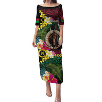Vanuatu Indipendens Dei Family Matching Puletasi and Hawaiian Shirt Boars Tusk and Melanesian Warrior Hibiscus LT03 Mom's Dress Black - Polynesian Pride