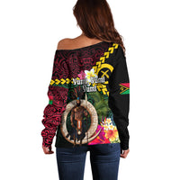 Vanuatu Indipendens Dei Off Shoulder Sweater Boars Tusk and Melanesian Warrior Hibiscus