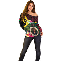 Vanuatu Indipendens Dei Off Shoulder Sweater Boars Tusk and Melanesian Warrior Hibiscus