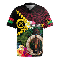Vanuatu Indipendens Dei Rugby Jersey Boars Tusk and Melanesian Warrior Hibiscus LT03 Black - Polynesian Pride