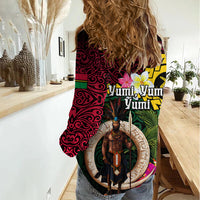 Vanuatu Indipendens Dei Women Casual Shirt Boars Tusk and Melanesian Warrior Hibiscus