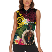 Vanuatu Indipendens Dei Women Sleeveless Polo Shirt Boars Tusk and Melanesian Warrior Hibiscus