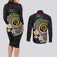Vanuatu Independence Day Couples Matching Long Sleeve Bodycon Dress and Long Sleeve Button Shirt Melanesian Tribal Pig Tusk with Tropical Plants LT03 - Polynesian Pride
