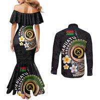 Vanuatu Independence Day Couples Matching Mermaid Dress and Long Sleeve Button Shirt Melanesian Tribal Pig Tusk with Tropical Plants LT03 - Polynesian Pride