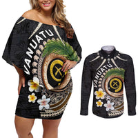 Vanuatu Independence Day Couples Matching Off Shoulder Short Dress and Long Sleeve Button Shirt Melanesian Tribal Pig Tusk with Tropical Plants LT03 Black - Polynesian Pride