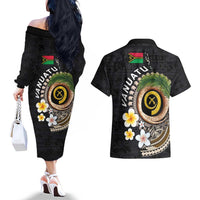 Vanuatu Independence Day Couples Matching Off The Shoulder Long Sleeve Dress and Hawaiian Shirt Melanesian Tribal Pig Tusk with Tropical Plants LT03 - Polynesian Pride