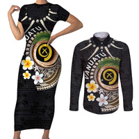 Vanuatu Independence Day Couples Matching Short Sleeve Bodycon Dress and Long Sleeve Button Shirt Melanesian Tribal Pig Tusk with Tropical Plants LT03 Black - Polynesian Pride