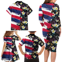 Hawaiian Flag Day Family Matching Long Sleeve Bodycon Dress and Hawaiian Shirt Tropical Flowers and Leaves LT03 - Polynesian Pride