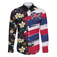 Hawaiian Flag Day Family Matching Long Sleeve Bodycon Dress and Hawaiian Shirt Tropical Flowers and Leaves LT03 Dad's Shirt - Long Sleeve Black - Polynesian Pride