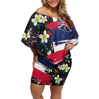 Hawaiian Flag Day Family Matching Off Shoulder Short Dress and Hawaiian Shirt Tropical Flowers and Leaves LT03 Mom's Dress Black - Polynesian Pride