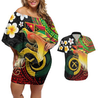 Vanuatu and Papua New Guinea Together Couples Matching Off Shoulder Short Dress and Hawaiian Shirt Bird-of-paradise and Pig Tusk Melanesian Pattern LT03 Black - Polynesian Pride