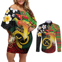 Vanuatu and Papua New Guinea Together Couples Matching Off Shoulder Short Dress and Long Sleeve Button Shirt Bird-of-paradise and Pig Tusk Melanesian Pattern LT03 Black - Polynesian Pride