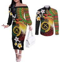Vanuatu and Papua New Guinea Together Couples Matching Off The Shoulder Long Sleeve Dress and Long Sleeve Button Shirt Bird-of-paradise and Pig Tusk Melanesian Pattern LT03 Black - Polynesian Pride