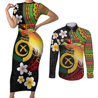 Vanuatu and Papua New Guinea Together Couples Matching Short Sleeve Bodycon Dress and Long Sleeve Button Shirt Bird-of-paradise and Pig Tusk Melanesian Pattern LT03 Black - Polynesian Pride