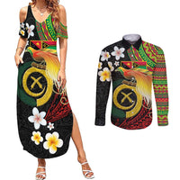 Vanuatu and Papua New Guinea Together Couples Matching Summer Maxi Dress and Long Sleeve Button Shirt Bird-of-paradise and Pig Tusk Melanesian Pattern LT03 Black - Polynesian Pride