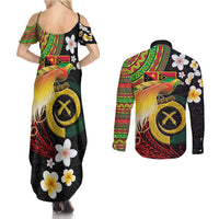 Vanuatu and Papua New Guinea Together Couples Matching Summer Maxi Dress and Long Sleeve Button Shirt Bird-of-paradise and Pig Tusk Melanesian Pattern LT03 - Polynesian Pride