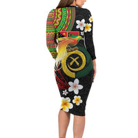 Vanuatu and Papua New Guinea Together Long Sleeve Bodycon Dress Bird-of-paradise and Pig Tusk Melanesian Pattern LT03 - Polynesian Pride