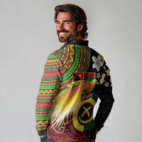 Vanuatu and Papua New Guinea Together Long Sleeve Polo Shirt Bird-of-paradise and Pig Tusk Melanesian Pattern LT03 - Polynesian Pride