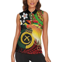 Vanuatu and Papua New Guinea Together Women Sleeveless Polo Shirt Bird-of-paradise and Pig Tusk Melanesian Pattern LT03 - Polynesian Pride