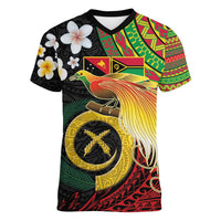 Vanuatu and Papua New Guinea Together Women V-Neck T-Shirt Bird-of-paradise and Pig Tusk Melanesian Pattern LT03 Female Black - Polynesian Pride