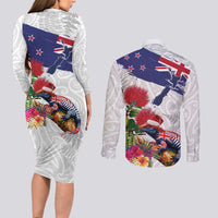New Zealand Christmas Couples Matching Long Sleeve Bodycon Dress and Long Sleeve Button Shirt Meri Kirihimete-Tuatara and Pohutukawa White Color LT03 - Polynesian Pride