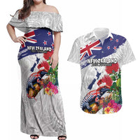 New Zealand Christmas Couples Matching Off Shoulder Maxi Dress and Hawaiian Shirt Meri Kirihimete-Tuatara and Pohutukawa White Color LT03 White - Polynesian Pride