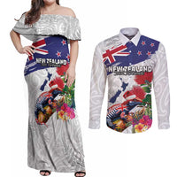 New Zealand Christmas Couples Matching Off Shoulder Maxi Dress and Long Sleeve Button Shirt Meri Kirihimete-Tuatara and Pohutukawa White Color LT03 White - Polynesian Pride