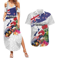 New Zealand Christmas Couples Matching Summer Maxi Dress and Hawaiian Shirt Meri Kirihimete-Tuatara and Pohutukawa White Color LT03 White - Polynesian Pride