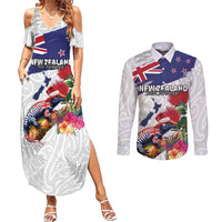 New Zealand Christmas Couples Matching Summer Maxi Dress and Long Sleeve Button Shirt Meri Kirihimete-Tuatara and Pohutukawa White Color LT03 White - Polynesian Pride