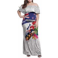 New Zealand Christmas Family Matching Off Shoulder Maxi Dress and Hawaiian Shirt Meri Kirihimete-Tuatara and Pohutukawa White Color LT03 Mom's Dress White - Polynesian Pride