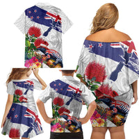New Zealand Christmas Family Matching Off Shoulder Short Dress and Hawaiian Shirt Meri Kirihimete-Tuatara and Pohutukawa White Color LT03 - Polynesian Pride