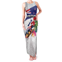 New Zealand Christmas Family Matching Tank Maxi Dress and Hawaiian Shirt Meri Kirihimete-Tuatara and Pohutukawa White Color LT03 Mom's Dress White - Polynesian Pride