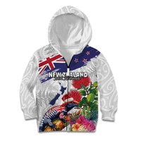 New Zealand Christmas Kid Hoodie Meri Kirihimete-Tuatara and Pohutukawa White Color LT03 Zip Hoodie White - Polynesian Pride