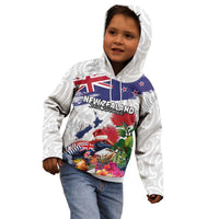 New Zealand Christmas Kid Hoodie Meri Kirihimete-Tuatara and Pohutukawa White Color LT03 - Polynesian Pride