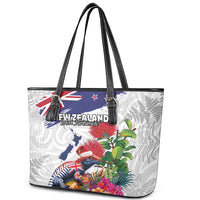 New Zealand Christmas Leather Tote Bag Meri Kirihimete-Tuatara and Pohutukawa White Color LT03 - Polynesian Pride