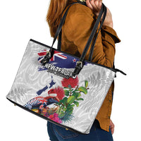 New Zealand Christmas Leather Tote Bag Meri Kirihimete-Tuatara and Pohutukawa White Color LT03 - Polynesian Pride