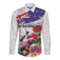 New Zealand Christmas Long Sleeve Button Shirt Meri Kirihimete-Tuatara and Pohutukawa White Color LT03 Unisex White - Polynesian Pride