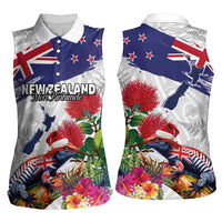 New Zealand Christmas Women Sleeveless Polo Shirt Meri Kirihimete-Tuatara and Pohutukawa White Color