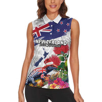New Zealand Christmas Women Sleeveless Polo Shirt Meri Kirihimete-Tuatara and Pohutukawa White Color