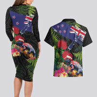 New Zealand Christmas Couples Matching Long Sleeve Bodycon Dress and Hawaiian Shirt Meri Kirihimete-Tuatara and Pohutukawa Black Color LT03 - Polynesian Pride