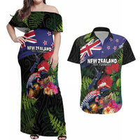 New Zealand Christmas Couples Matching Off Shoulder Maxi Dress and Hawaiian Shirt Meri Kirihimete-Tuatara and Pohutukawa Black Color LT03 Black - Polynesian Pride
