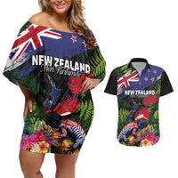 New Zealand Christmas Couples Matching Off Shoulder Short Dress and Hawaiian Shirt Meri Kirihimete-Tuatara and Pohutukawa Black Color LT03 Black - Polynesian Pride