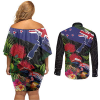 New Zealand Christmas Couples Matching Off Shoulder Short Dress and Long Sleeve Button Shirt Meri Kirihimete-Tuatara and Pohutukawa Black Color LT03 - Polynesian Pride