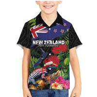 New Zealand Christmas Family Matching Mermaid Dress and Hawaiian Shirt Meri Kirihimete-Tuatara and Pohutukawa Black Color LT03 Son's Shirt Black - Polynesian Pride