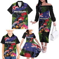 New Zealand Christmas Family Matching Off The Shoulder Long Sleeve Dress and Hawaiian Shirt Meri Kirihimete-Tuatara and Pohutukawa Black Color LT03 - Polynesian Pride