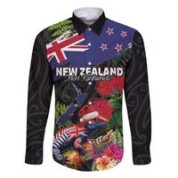 New Zealand Christmas Family Matching Off Shoulder Maxi Dress and Hawaiian Shirt Meri Kirihimete-Tuatara and Pohutukawa Black Color LT03 Dad's Shirt - Long Sleeve Black - Polynesian Pride