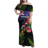 New Zealand Christmas Family Matching Off Shoulder Maxi Dress and Hawaiian Shirt Meri Kirihimete-Tuatara and Pohutukawa Black Color LT03 Mom's Dress Black - Polynesian Pride